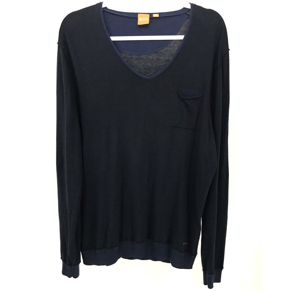 BOSS Hugo Boss Blue Lightweight V-Neck Sweater Mens XL Orange Label